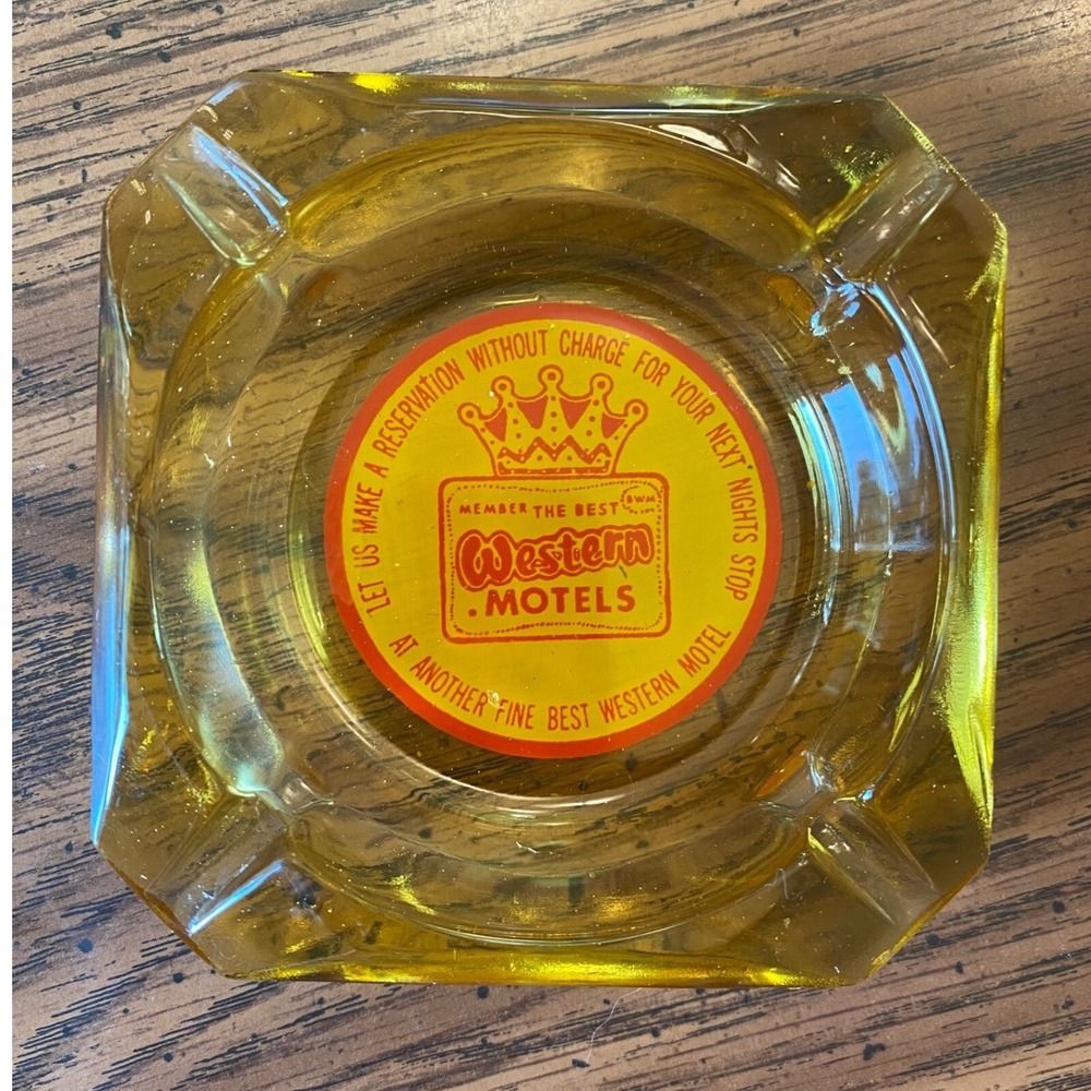 Western Motels Ashtray Vintage‎ Glass Hotel Advertising Souvenir Yellow